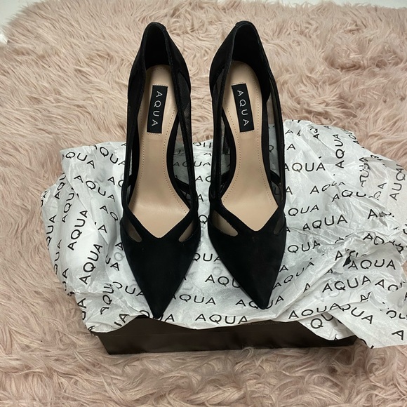 Size 9 Aqua heels in black suede with mesh sides. 4” heel - Picture 1 of 3